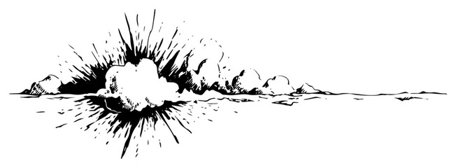Dramatic hand drawn ink sketch of a powerful ground explosion with smoke and debris