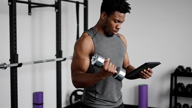 Young Black man works out with a dumbbell while checking his tablet in a modern gym