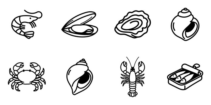 Collection d&rsquo;ic&ocirc;nes minimalistes repr&eacute;sentant des fruits de mer bretons : hu&icirc;tre, crabe, homard, crevette, bulot, bigorneau, moule et sardines en bo&icirc;te, en style line art noir