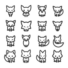 Fototapeta premium Sixteen Simple Black and White Fox Line Art Icons