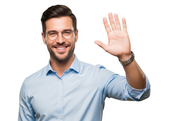 Fototapeta premium A cheerful man waving warmly with a friendly and welcoming expression