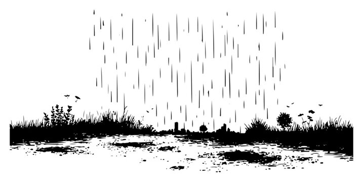 Artistic ink sketch of a rainy landscape with a field and falling raindrops