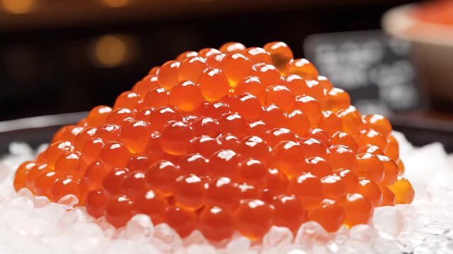Closeup of vibrant red salmon roe ikura piled high on a bed of crushed ice showcasing its glistening texture and rich color a delicacy in Japanese cuisine.