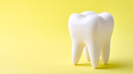 Close-Up View of a Healthy Tooth Model on Yellow Background with Enamel Shine