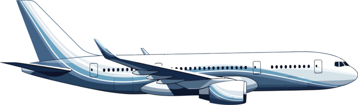 Sleek modern passenger jet airplane with blue and white wave like livery design detailed graphic illustration in side profile isolated on a clean white background