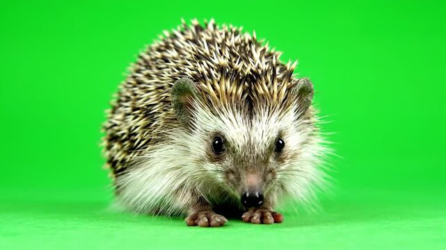 Young hedgehog with prickles standing on a vibrant green studio background