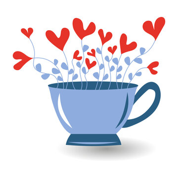 Decorative heart-shaped flowers grow from a cup. Interesting floral design