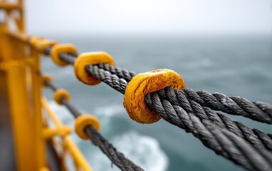 Cables Deployed from Ship onto Calm Ocean with Sharp Focus on Details