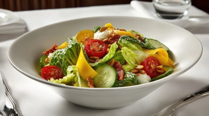 Fresh Garden Salad Overflowing With Crisp Romaine, Tomatoes, Cucumbers, Peppers, and Cheese in a White Bowl