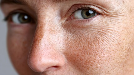 Fototapeta premium Close-up portrait of a middle-aged woman with light brown hair, green eyes, and visible freckles, showcasing skin texture and natural beauty against a neutral background