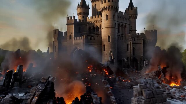 Medieval castle in flames and ruins after devastating siege as epic historical battle scene