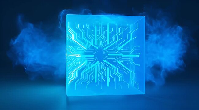 Abstract glowing blue cube with intricate circuit board patterns, digital technology, AI, data processing, futuristic concept