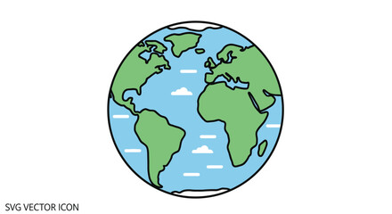 Simple Earth Globe Icon with Continents and Clouds, Vector Illustration
