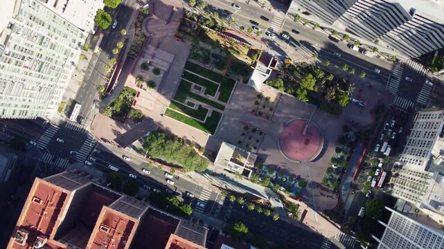 Aerial footage of Pershing Square Los Angeles down view