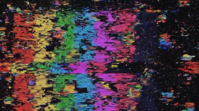 Retro television screen displaying a colorful static test pattern with digital glitch effects and noise evoking nostalgia and analog broadcast disruption.