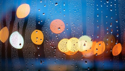 a window covered in raindrops and blurred view of colorful bokeh night city lights outside in rainy evening abstract background