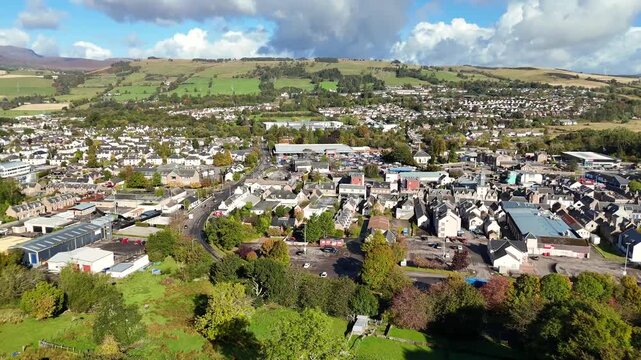 Cinematic Aerial Drone View of Dingwall Town in the Scottish Highlands from Above Featuring and Scenic Highland Landscape
