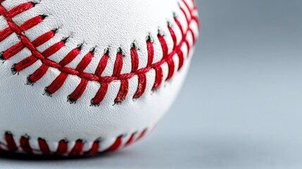 Close-up of a baseball showing detailed stitching and texture against a soft gray background, highlighting the craftsmanship and materials used in sports equipment