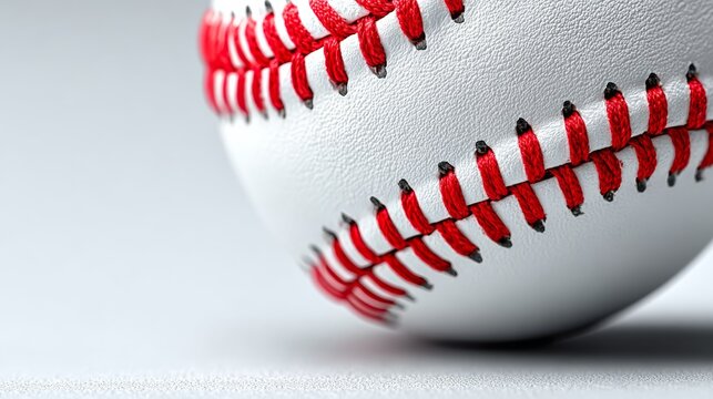 Close-up view of a baseball with red stitching on a smooth surface, showcasing the texture and details of the leather and seams in a minimalistic setting