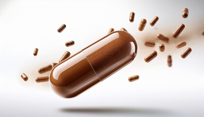 brown medicine capsule pill flying isolated on white background