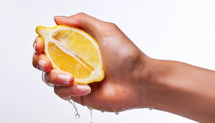 hand holding squeezing lemon isolated on white background background