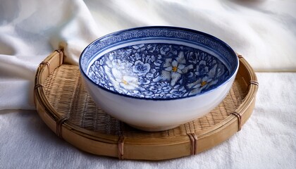 thai design white and blue ceramic bowl on white cloth and bamboo tray