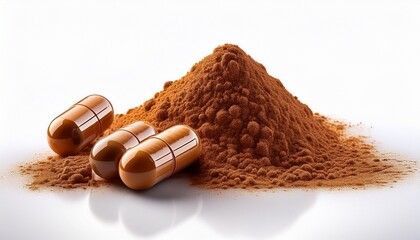 brown medicine capsule powder isolated on white background