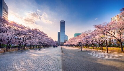 yunjunro street in yeouido park behind the national assembly building this area is famous for being the most picturesque cherry blossom street in seoul