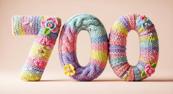 Number 700 Created with Striped Pastel Knitted Wool and Floral Embellishments for Milestones and Artistic Achievement Concept