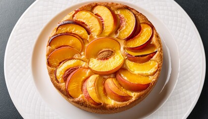 homemade round juicy sweet peach cake or pie on white plate isolated background flat lay top view sweet food