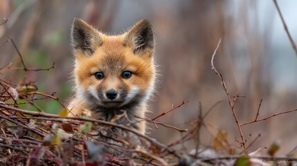 Obraz premium Curious Fox Peeking From Behind Wet Shrubs on a Stormy Eve