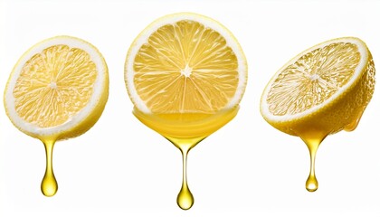 lemon juice or lemon essential oil dripping isolated on white background
