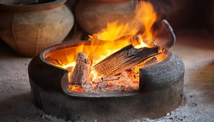 charcoal burning in ancient stoves as fuel for cooking