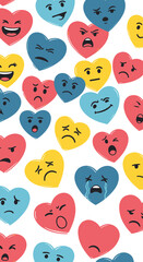 Seamless Pattern of Colorful Cartoon Hearts Displaying Various Emotions and Complex Human Feelings