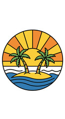 Obraz premium Stylized Tropical Island Vacation Graphic with Two Palm Trees Calm Ocean Waves and Colorful Radiant Sun