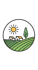 Naklejka premium Idyllic Countryside View with Two Charming Homes Nestled in Green Fields a Tree and Bright Sun
