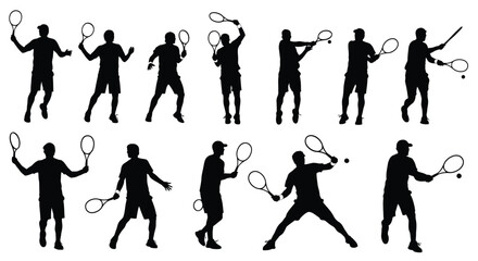 Fototapeta premium Multiple male silhouettes are depicted in various tennis-playing poses, holding rackets and interacting with a ball on white.