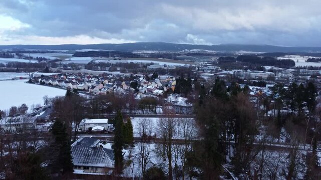 Drone footage of Winter in Munchberg, Germany, cran view