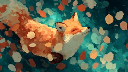 Fototapeta premium Whimsical Fox Playing Joyfully Amongst Floating Autumn Leaves in Digital Art