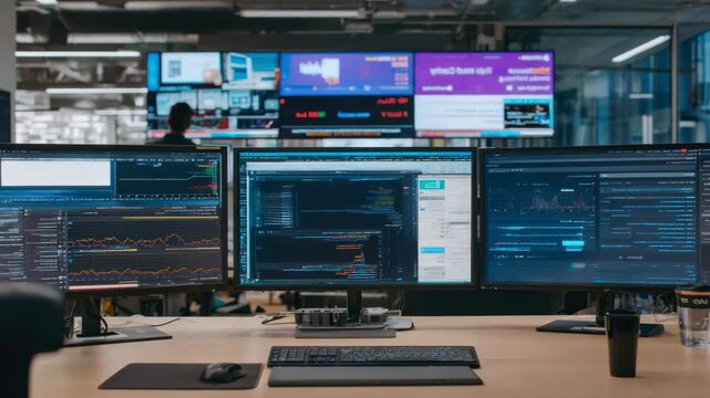 Medium shot capturing the dynamic environment of realtime bidding in programmatic advertising with multiple screens displaying live ad auctions and performance metrics