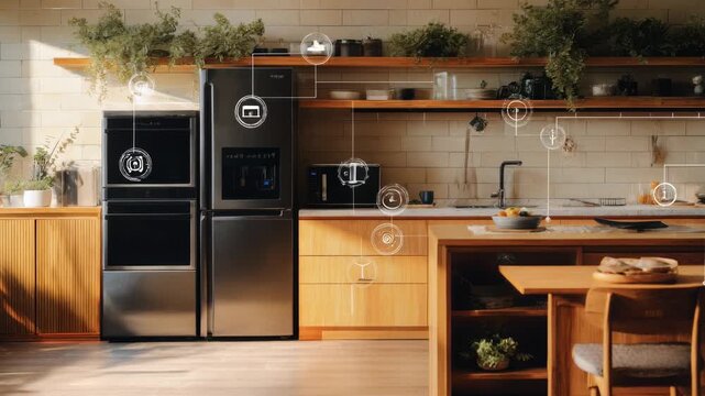 Medium shot of a kitchen area where IoT gadgets automate appliances providing convenience and efficient cooking experiences