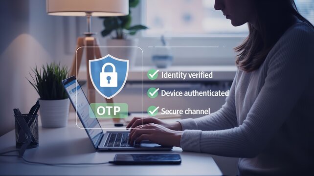Woman working on laptop with secure online authentication and verification process displayed on screen identity verified device authenticated and secure channel established