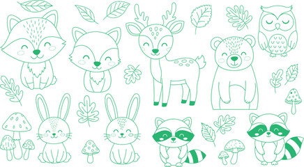 Whimsical forest animals illustration with various creatures