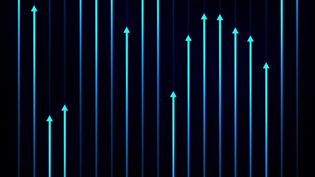 blue glowing Light neon laser line abstract motion digital data arrow growing up particles flying upward background
