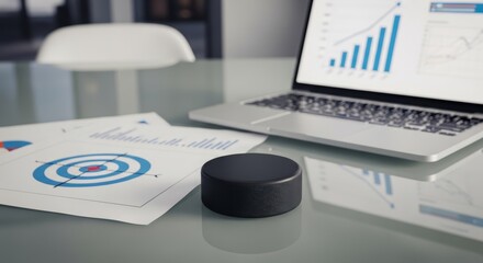 Naklejka premium Hockey puck on a glass office desk with laptop and printed charts. Concept of sports analytics, strategy, KPI tracking, and performance management in modern business. Generative AI.