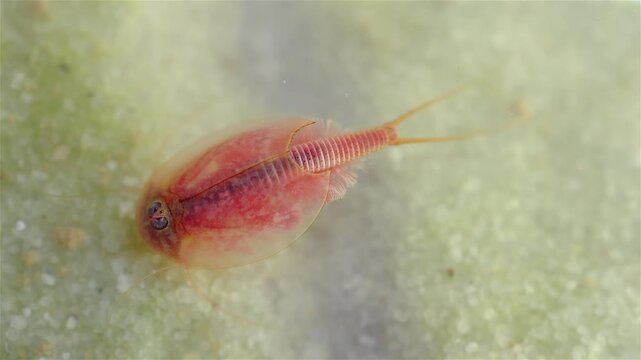 A tadpole shrimp (Triops cancriformis) is underwater at the bottom, digging in the sand with its legs. It filters water while searching for food. The macro view shows fine details of its shell.