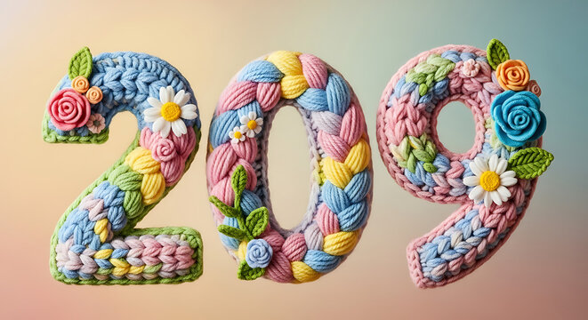 Number 209 Stylized with Chunky Knitted Braided Yarn in Pastel Colors Decorated with Roses and Daisies for Artistic Celebration