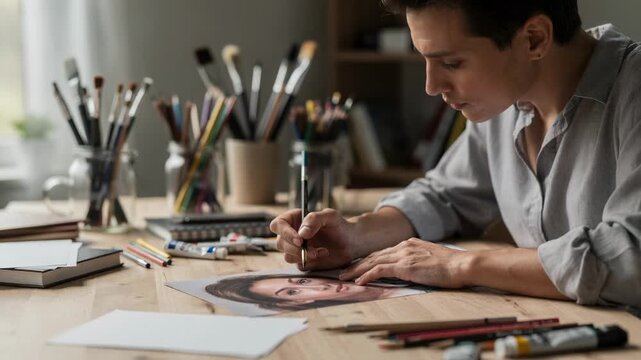 Focused scene showing a designer refining lifelike portraits for card prints facial features clear against a blurred background of art supplies.
