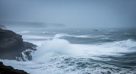 Fototapeta premium Seascape Storm: Dramatic seascape where the powerful ocean waves crash against the rocky coastline under a moody sky, evoking a sense of raw energy and nature's force.