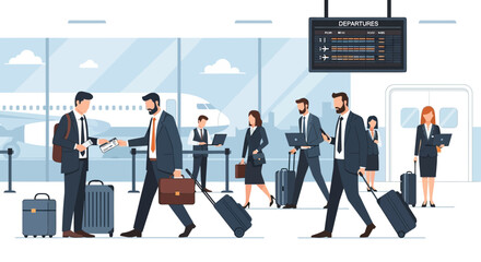 Obraz premium Business Travelers Navigate Modern Airport Terminal with Efficiency and Style Illustration